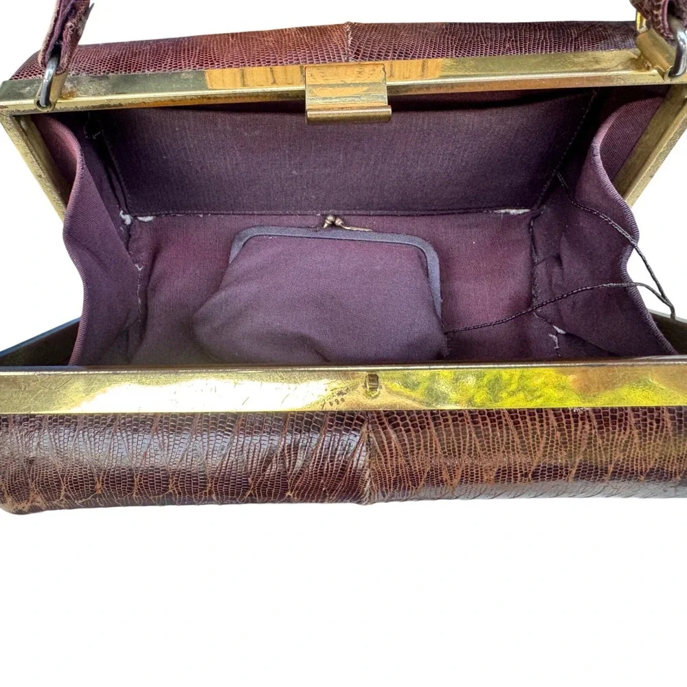 Vintage Brown Lizard Skin Frame Bag‎ Mid Century Exotic Leather Purse Brass Trim